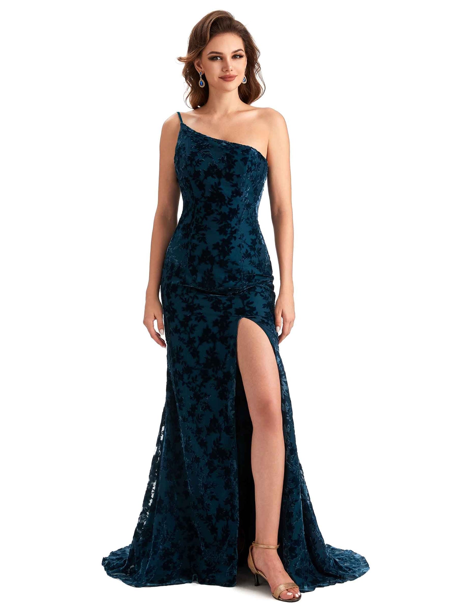 Sexy Side Slit One Shoulder Mermaid Velvet Floral Long Bridesmaid Dresses UK Online