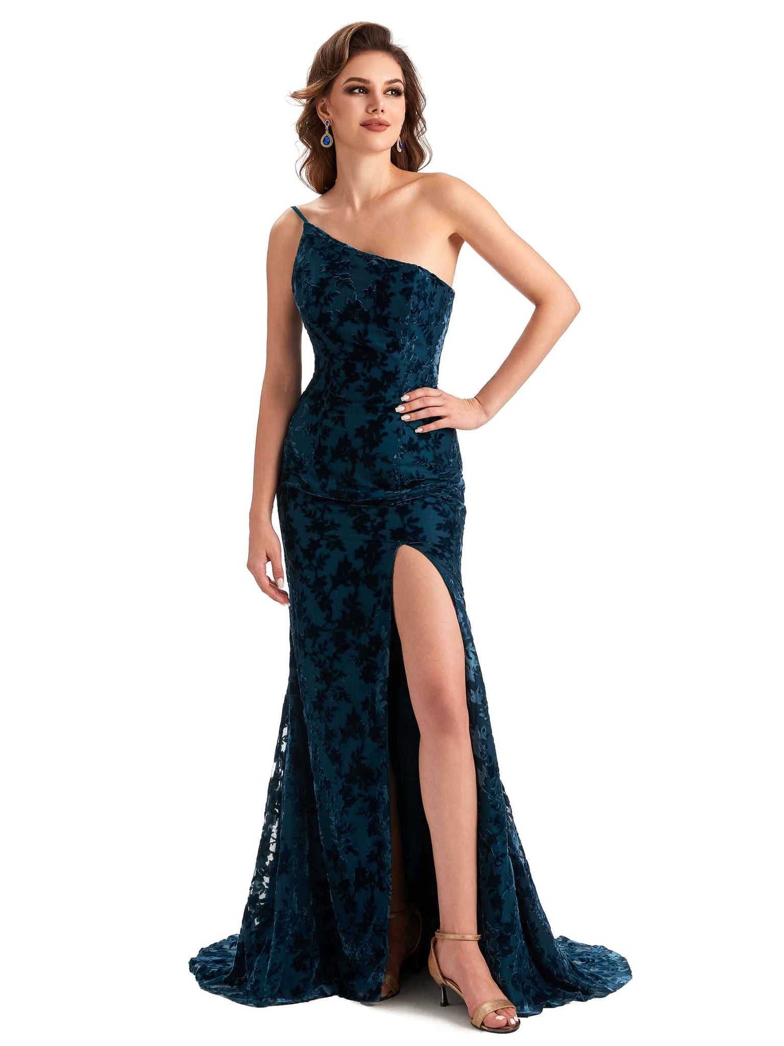 Sexy Side Slit One Shoulder Mermaid Velvet Floral Long Bridesmaid Dresses UK Online