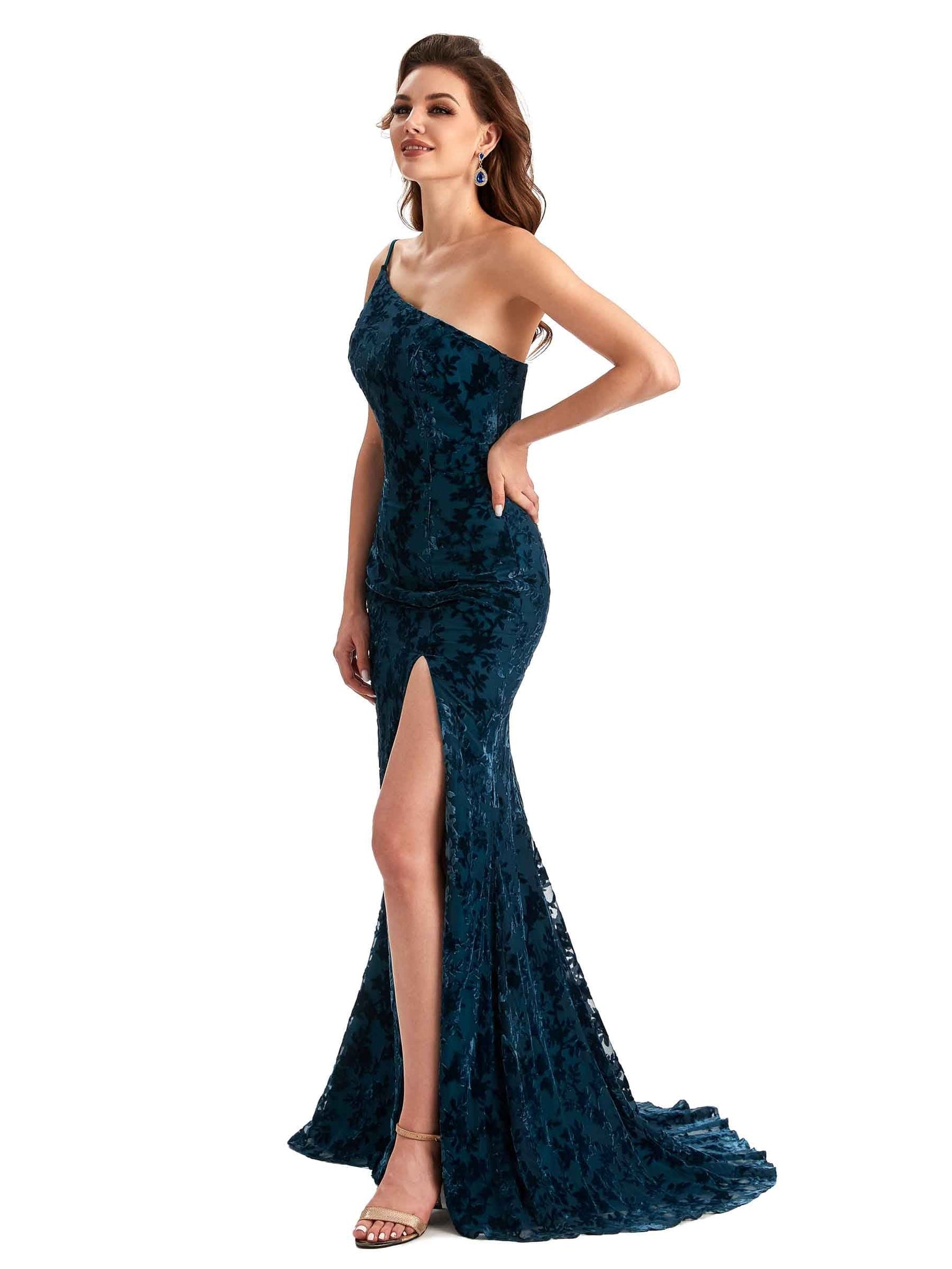 Sexy Side Slit One Shoulder Mermaid Velvet Floral Long Bridesmaid Dresses UK Online
