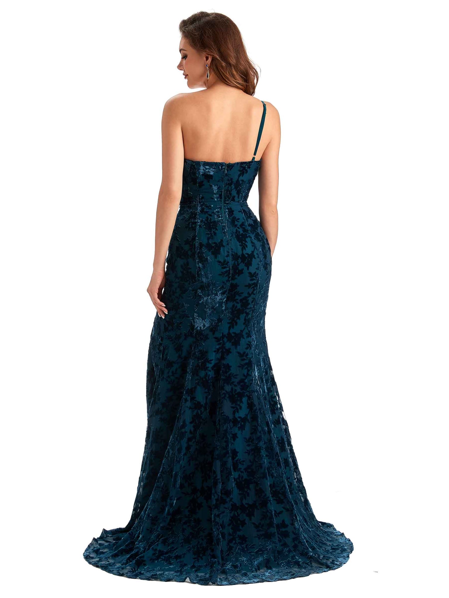 Sexy Side Slit One Shoulder Mermaid Velvet Floral Long Bridesmaid Dresses UK Online