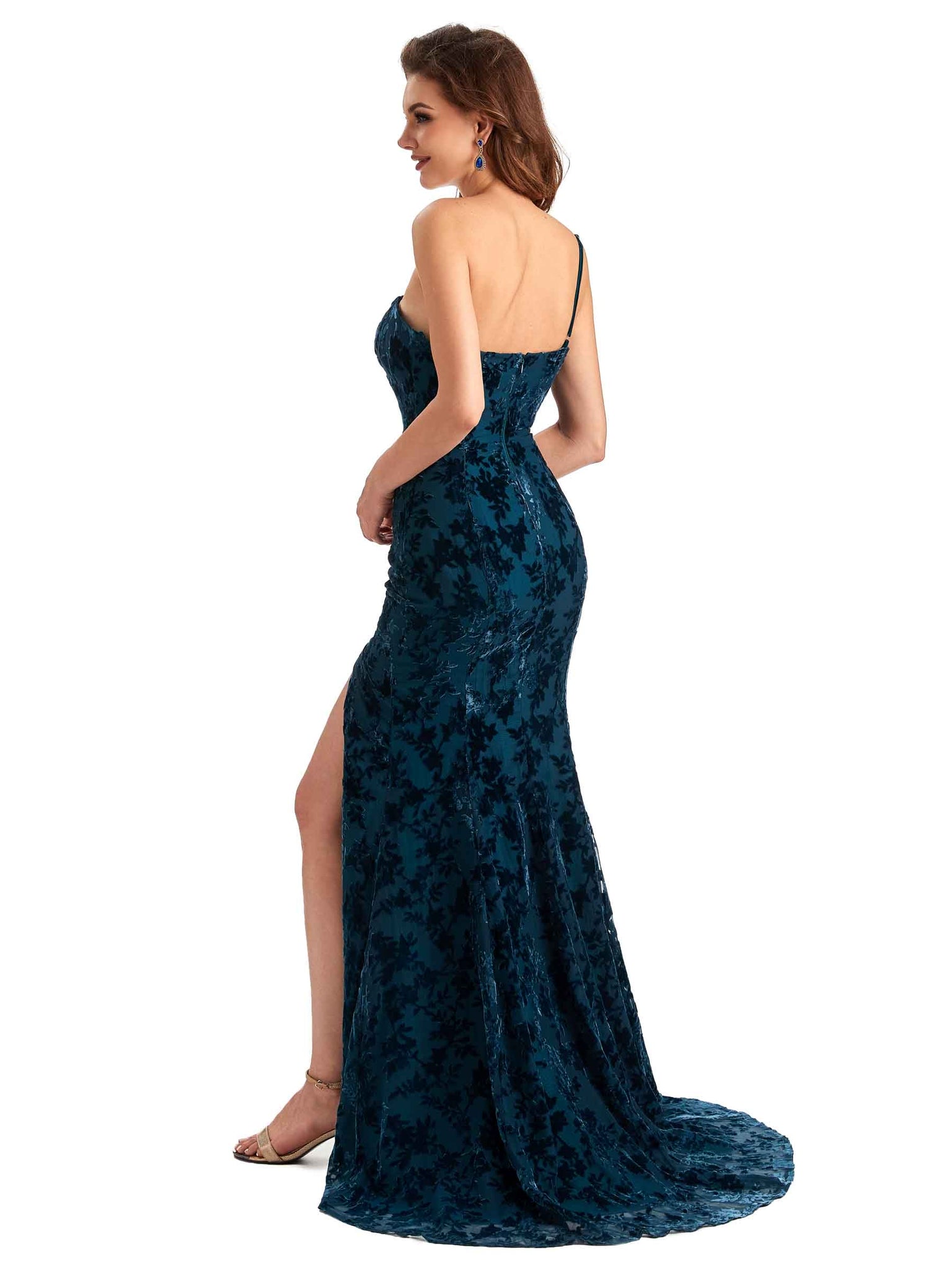 Sexy Side Slit One Shoulder Mermaid Velvet Floral Long Bridesmaid Dresses UK Online