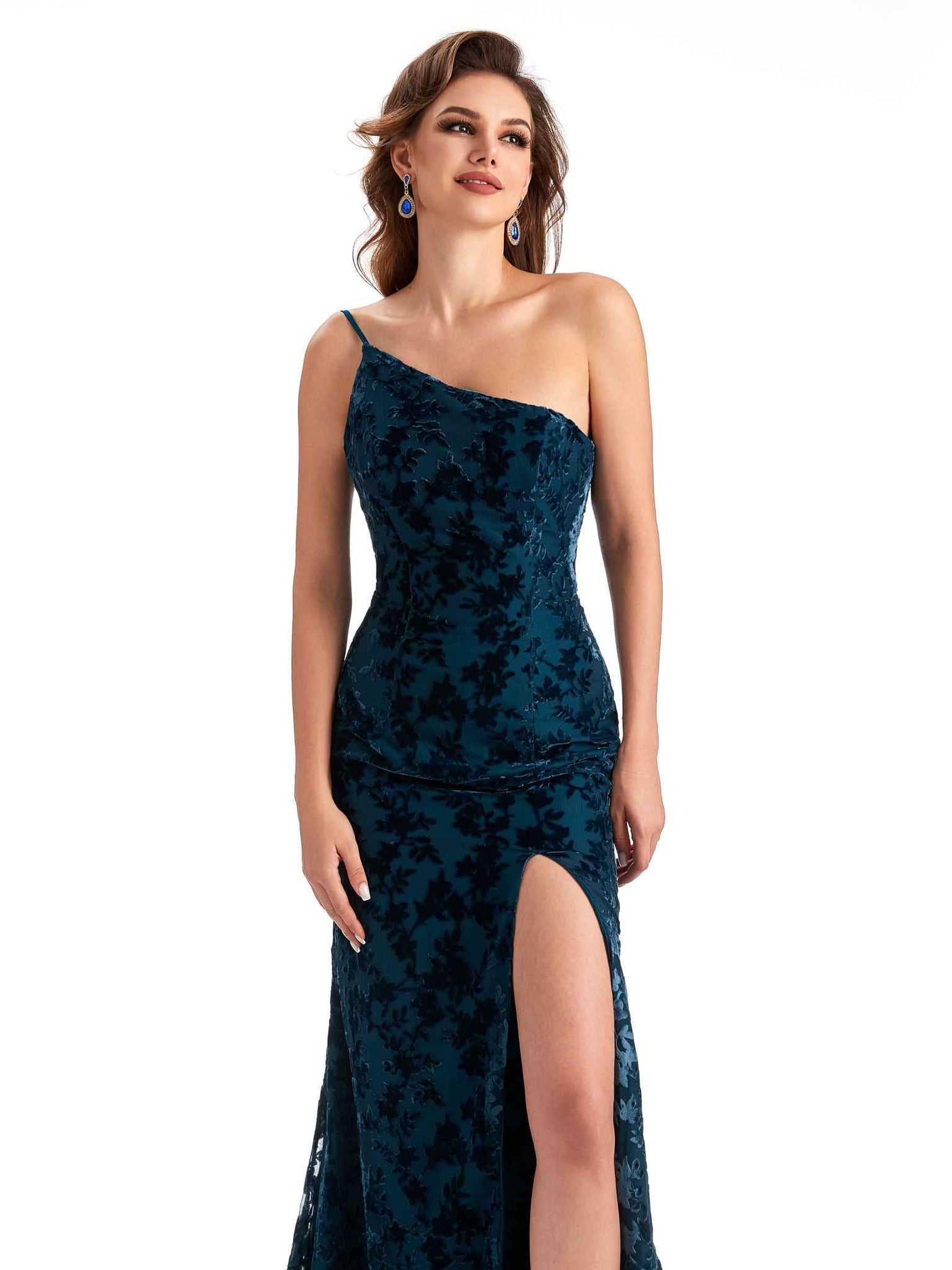 Sexy Side Slit One Shoulder Mermaid Velvet Floral Long Bridesmaid Dresses UK Online
