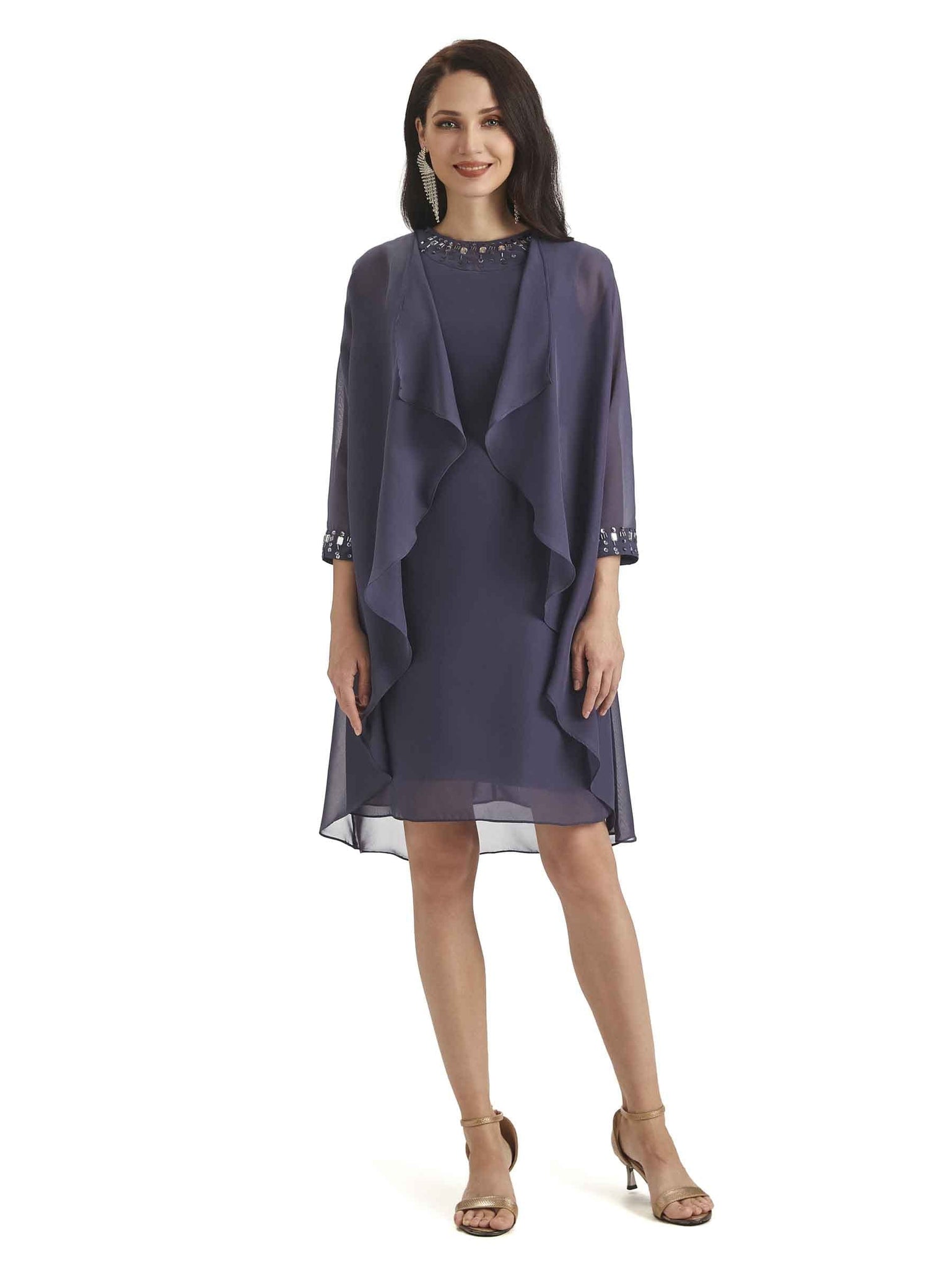 Elegant Chiffon Knee Length Short Midi Mother of The Bride Dresses And Jacket