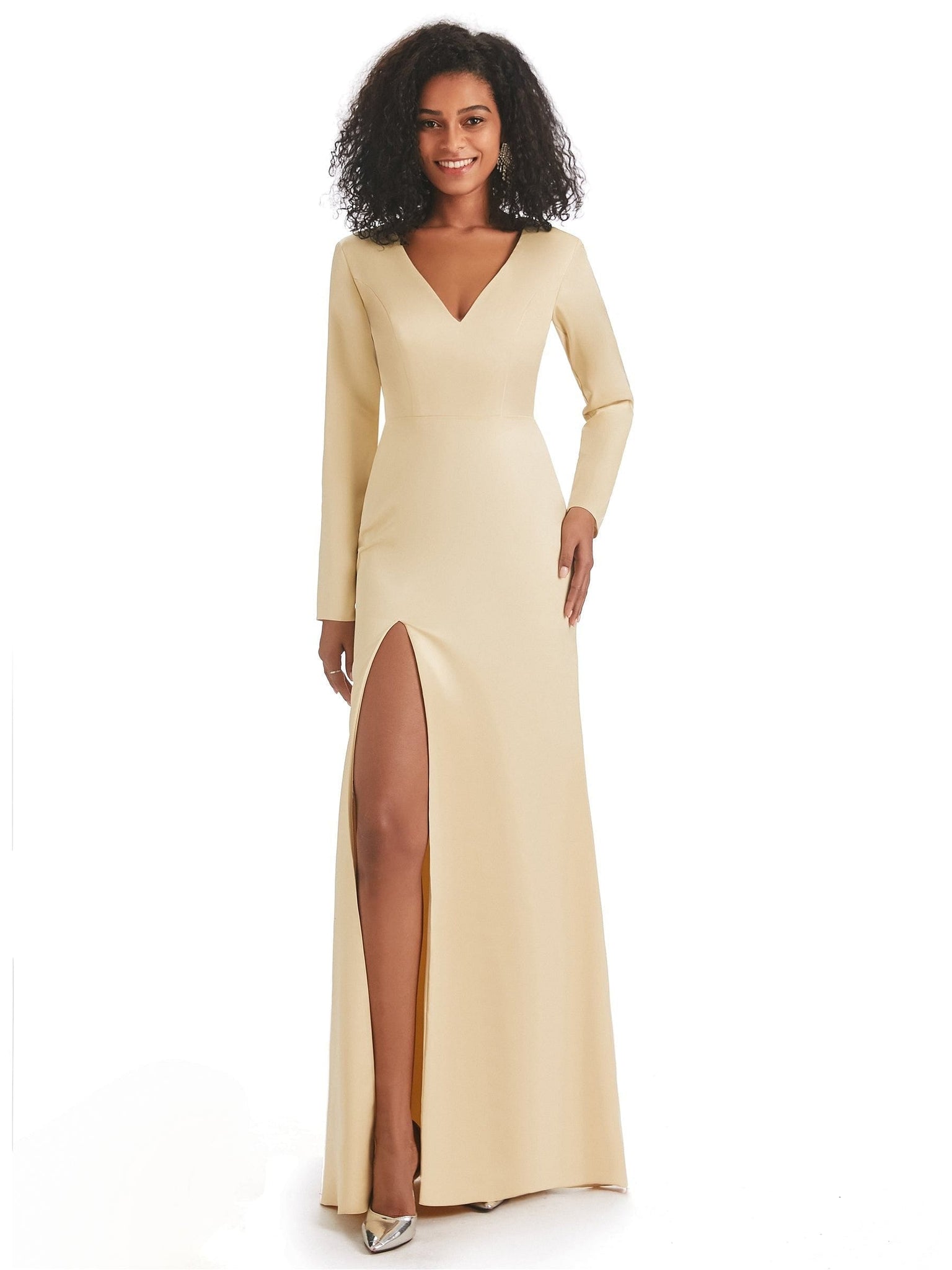 Silky Satin Side Slit Long Sleeves Satin Mermaid Bridesmaid Dresses UK