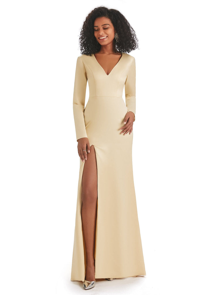 Soft Satin Side Slit Long Sleeves V-neck Floor-Length African Mermaid Prom Dresses