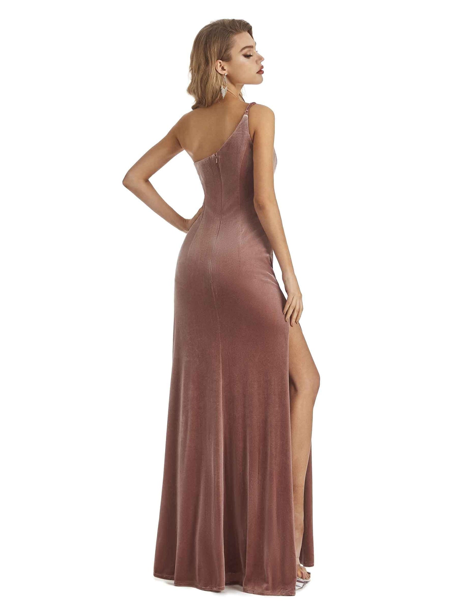 Elegant Mermaid One Shoulder Side Slit Velvet Long Bridesmaid Dresses UK