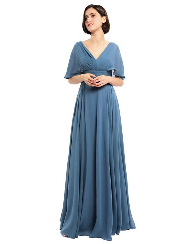 V-neck Cap Sleeves Sleeves Chiffon Long Bridesmaid Dresses