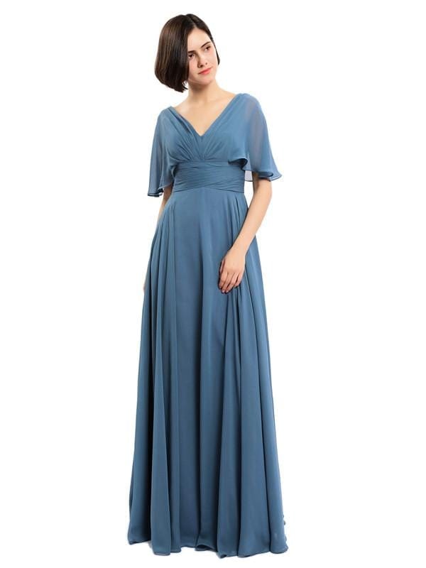 V-neck Cap Sleeves Sleeves Chiffon Long Bridesmaid Dresses