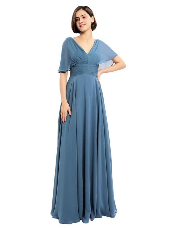 V-neck Cap Sleeves Sleeves Chiffon Long Bridesmaid Dresses