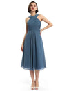A-line Sleeveless Criss-cross Halter Tea-length Bridesmaid Dresses