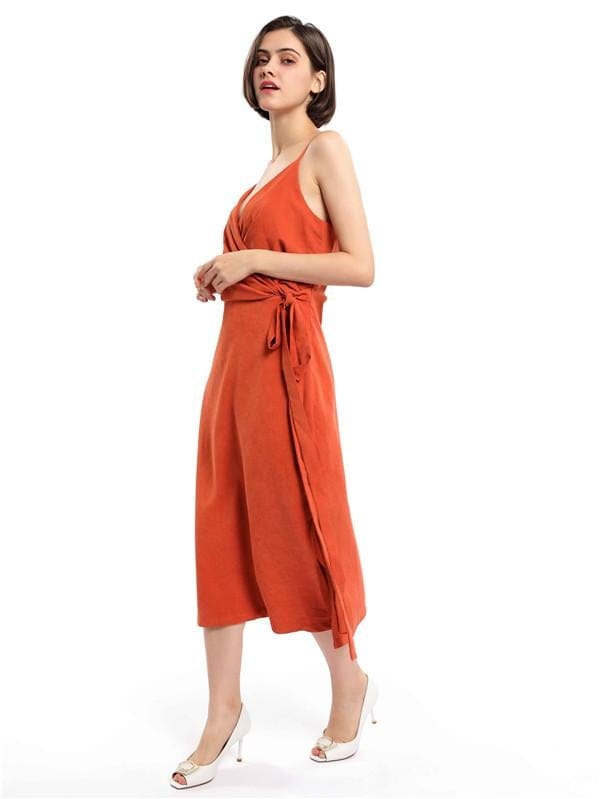 V-neck Split Tea-length Spaghetti Straps Bridesmaid Dresses