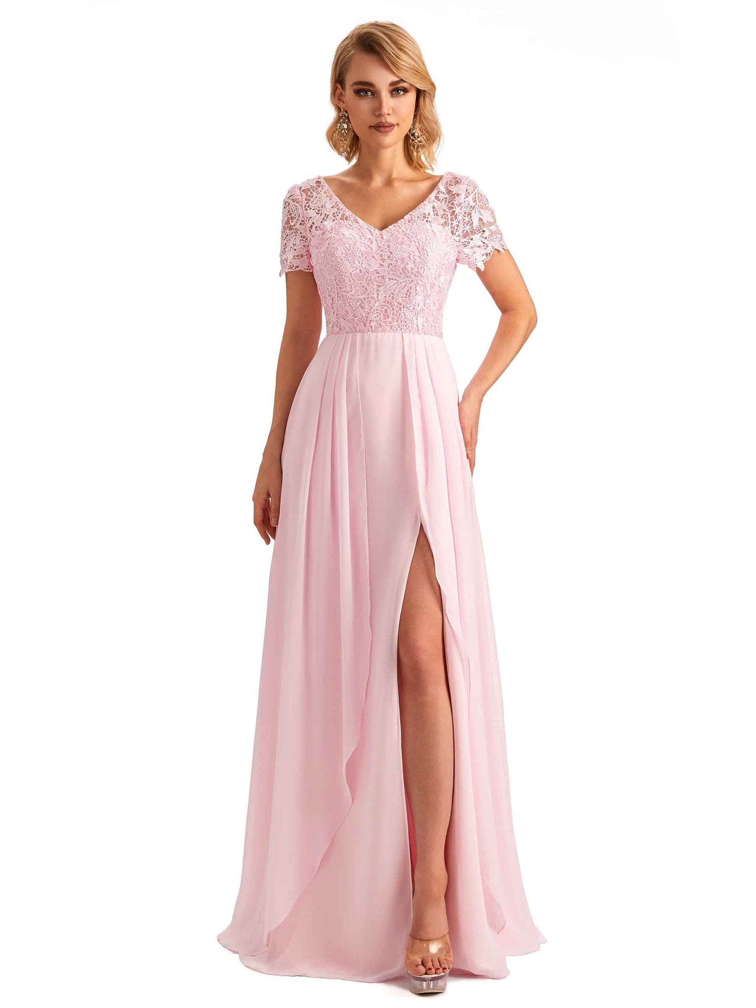 Elegant Chiffon Short Sleeves A-line Long Bridal Mother of the Brides Dresses UK Slit