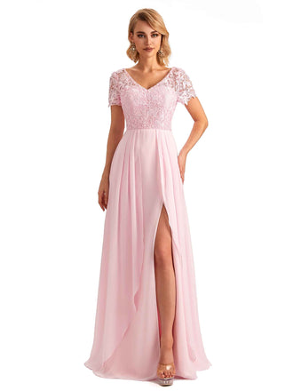 Elegant Side Slit Chiffon Short Sleeves A-line Long Mother of the Brides Dresses