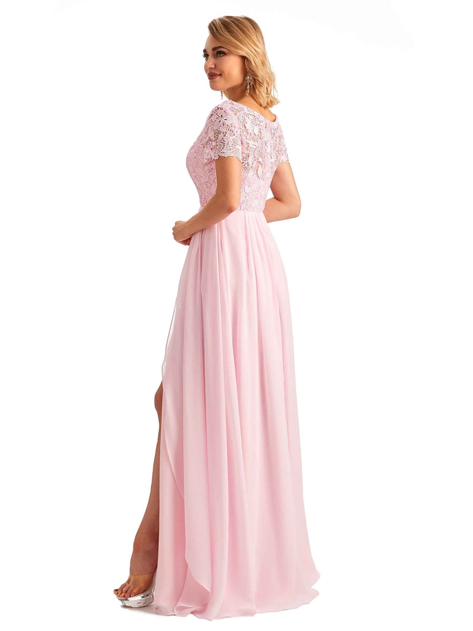Elegant Chiffon Short Sleeves A-line Long Bridal Mother of the Brides Dresses UK Slit