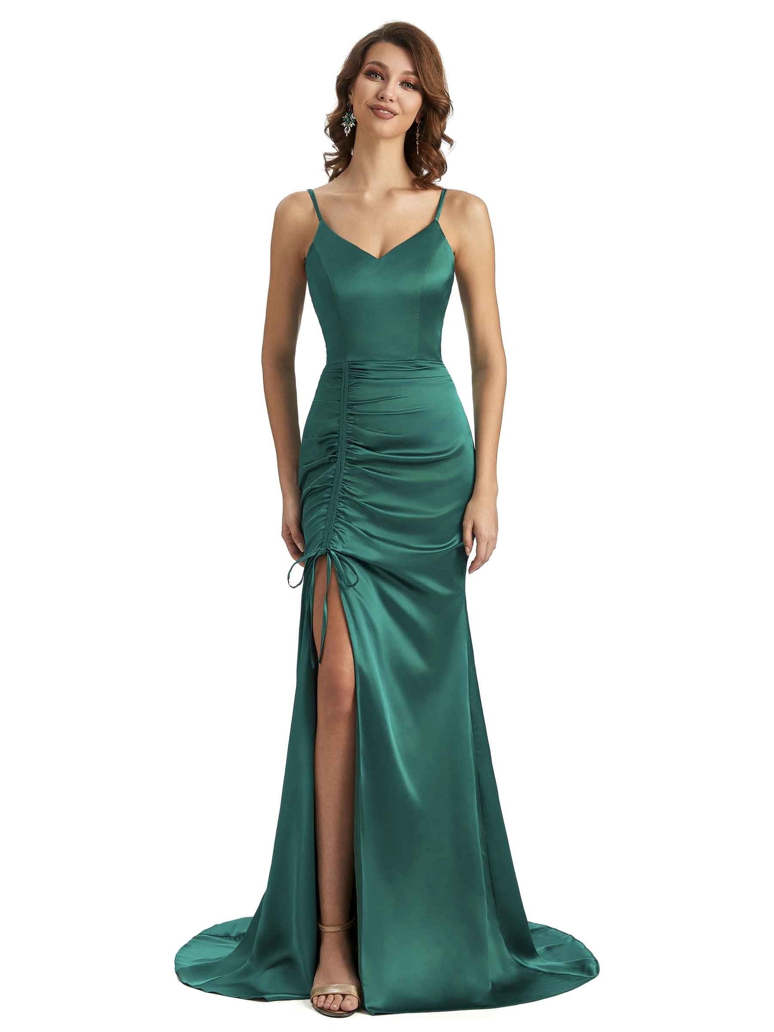 Sexy Spaghetti Straps Side Slit Mermaid Silky Satin Chic Long Bridesmaid Dresses UK