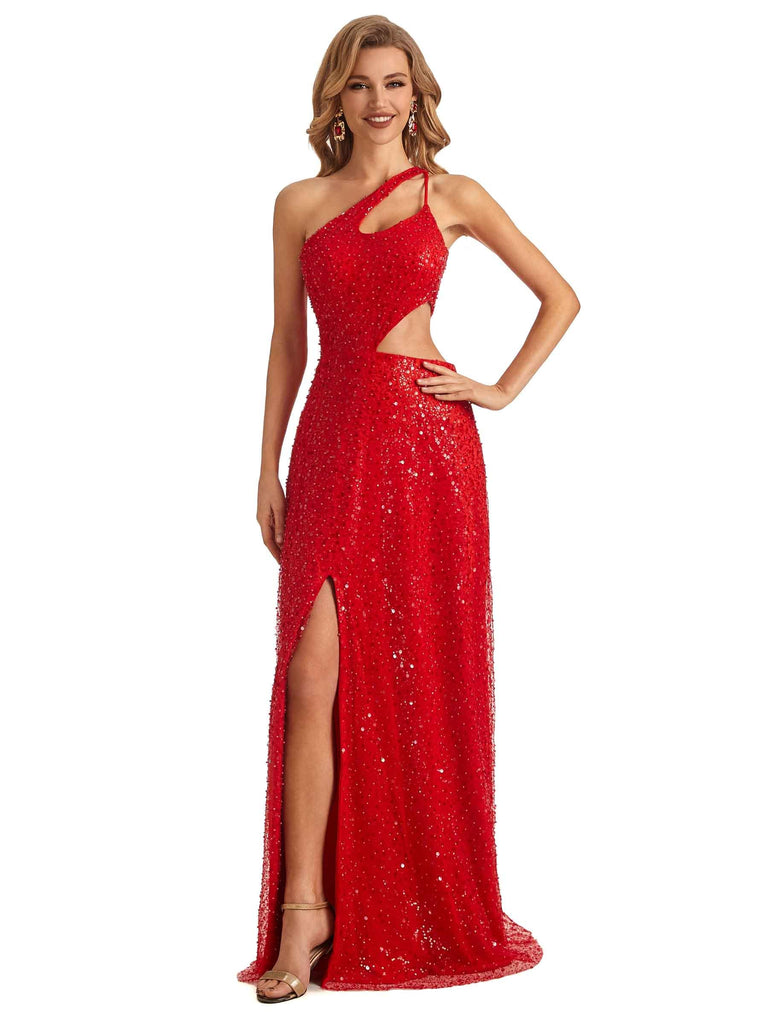 Sparkly Red Sequin Sheath Sleeveless One Shoulder  Side Slit Floor-length Long Party Prom Dresses
