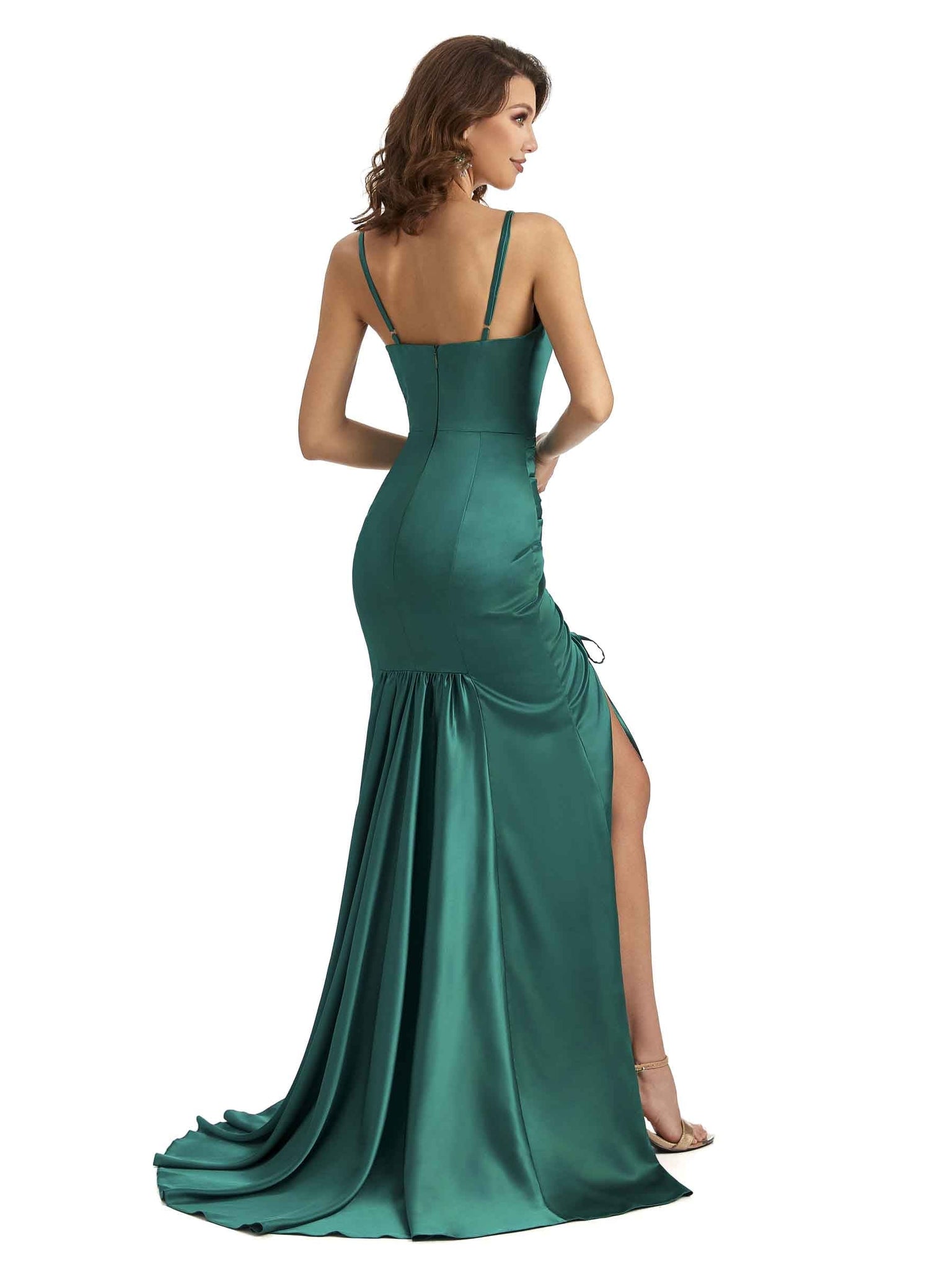 Sexy Spaghetti Straps Side Slit Mermaid Silky Satin Chic Long Bridesmaid Dresses UK