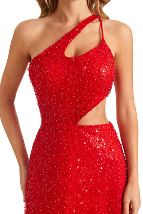 Sparkly Red Sequin Sheath Sleeveless One Shoulder  Side Slit Floor-length Long Party Prom Dresses