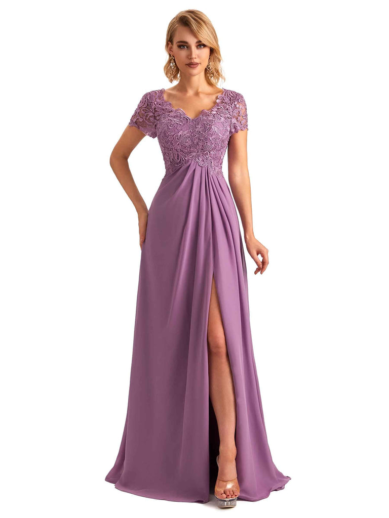 Elegant Side Slit Chiffon Short Sleeves A-line Lace Long Mom of the Brides Dresses UK