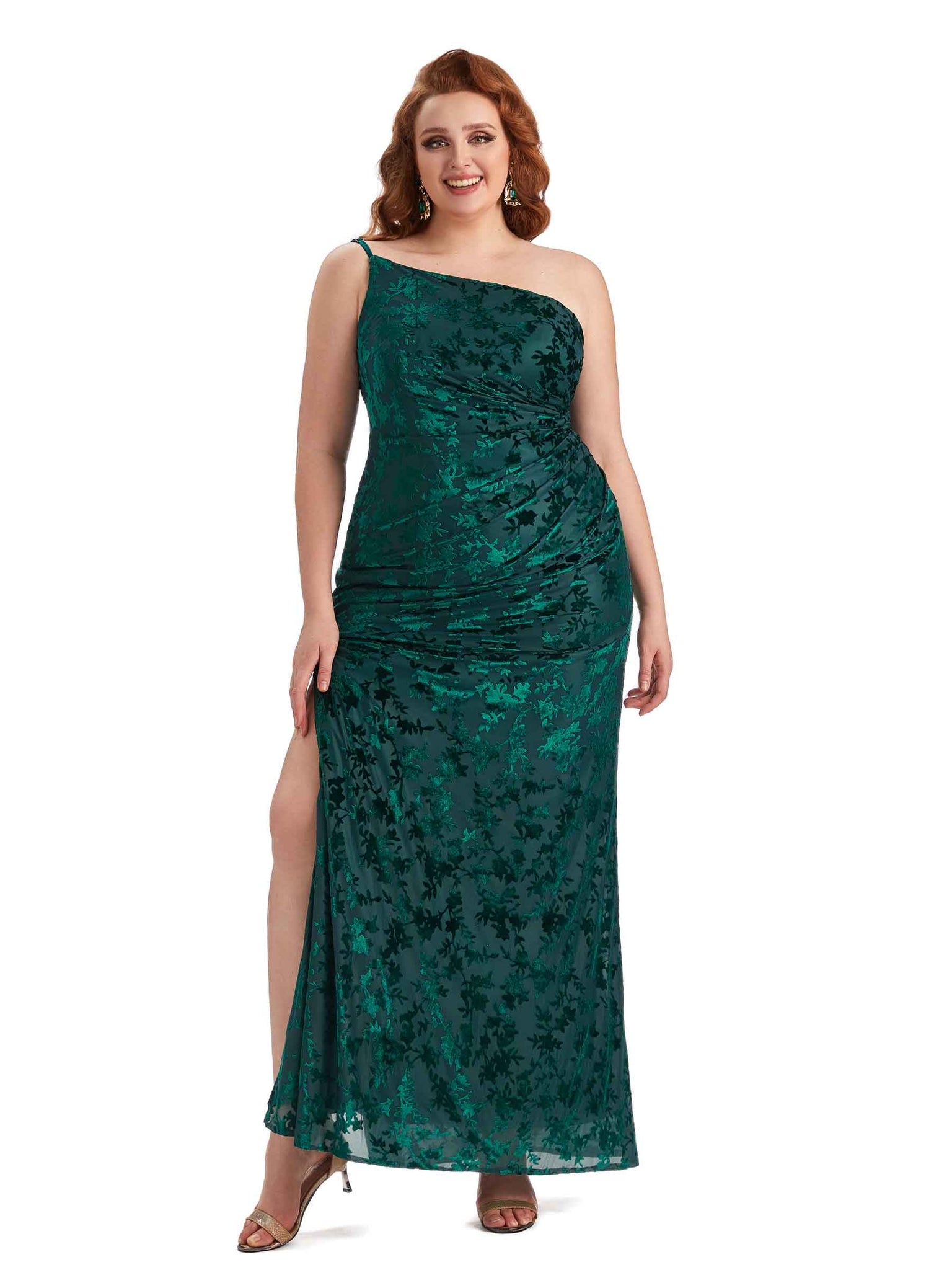 Sexy Mermaid One Shoulder Side Slit Floral Velvet Long Plus Size Bridesmaid Dresses