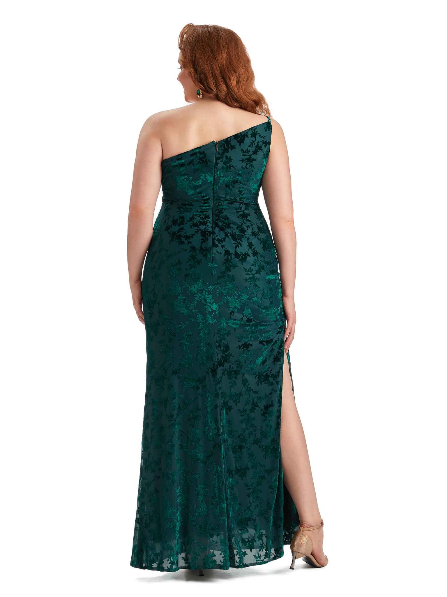 Sexy Mermaid One Shoulder Side Slit Floral Velvet Long Plus Size Bridesmaid Dresses