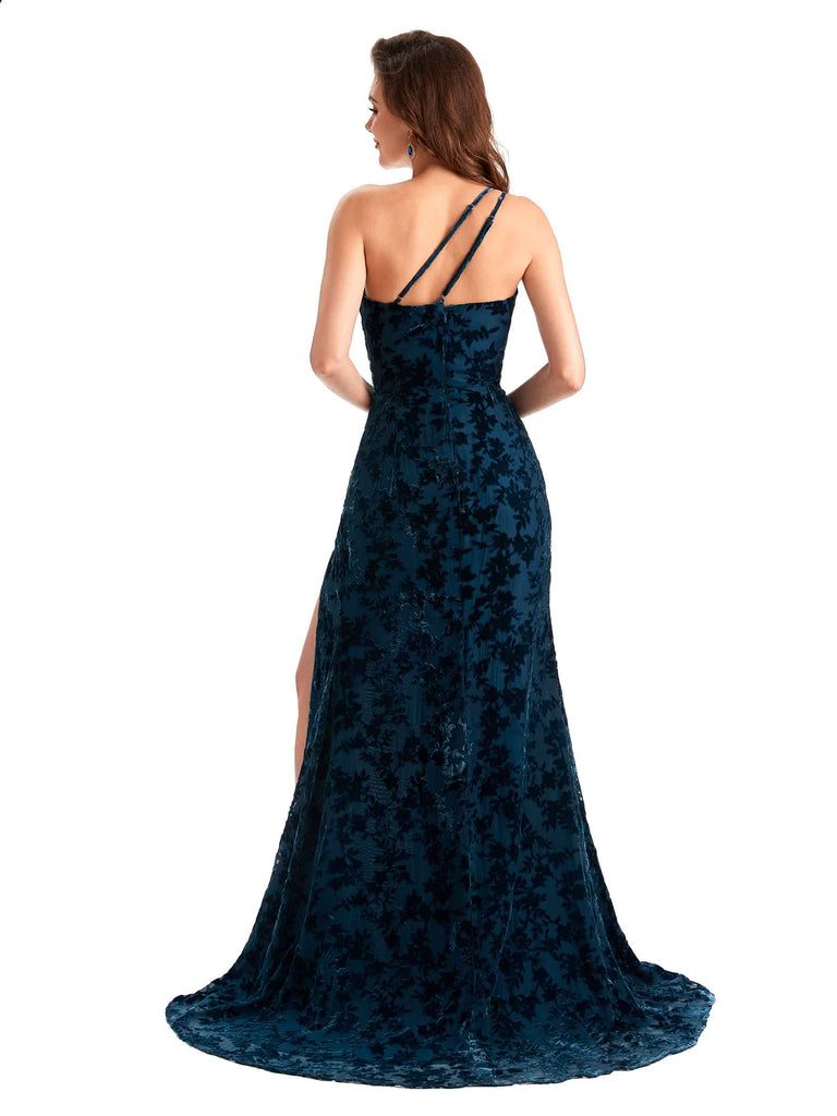 Elegant One Shoulder Side Slit Mermaid Lace Velvet Long Bridesmaid Dresses Online
