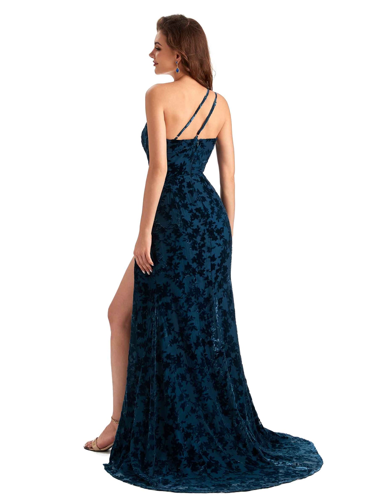 Elegant One Shoulder Side Slit Mermaid Velvet Floral Long Bridesmaid Dresses UK Online