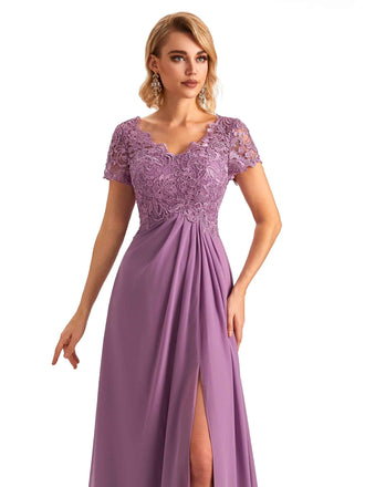 Elegant Side Slit Chiffon Short Sleeves A-line Lace Long Mom of the Brides Dresses UK