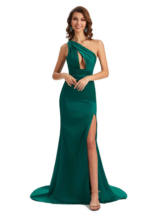 Sexy One shoulder Side Slit Lace Mermaid Silky Satin Chic Long Maxi Dress For Wedding