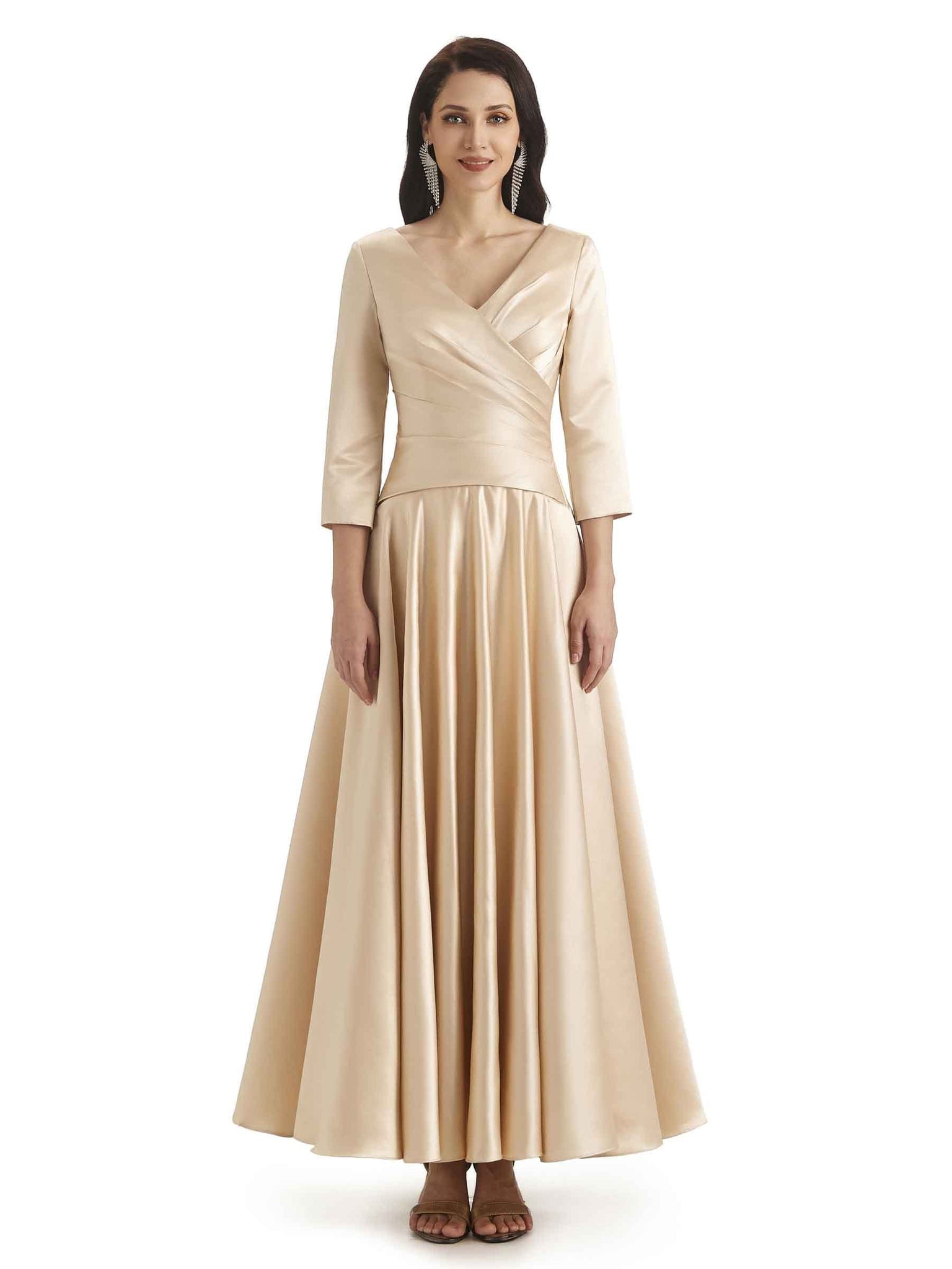 Elegant Soft Satin Long Sleeves V-Neck Maxi Mother of The Bride Dresses UK