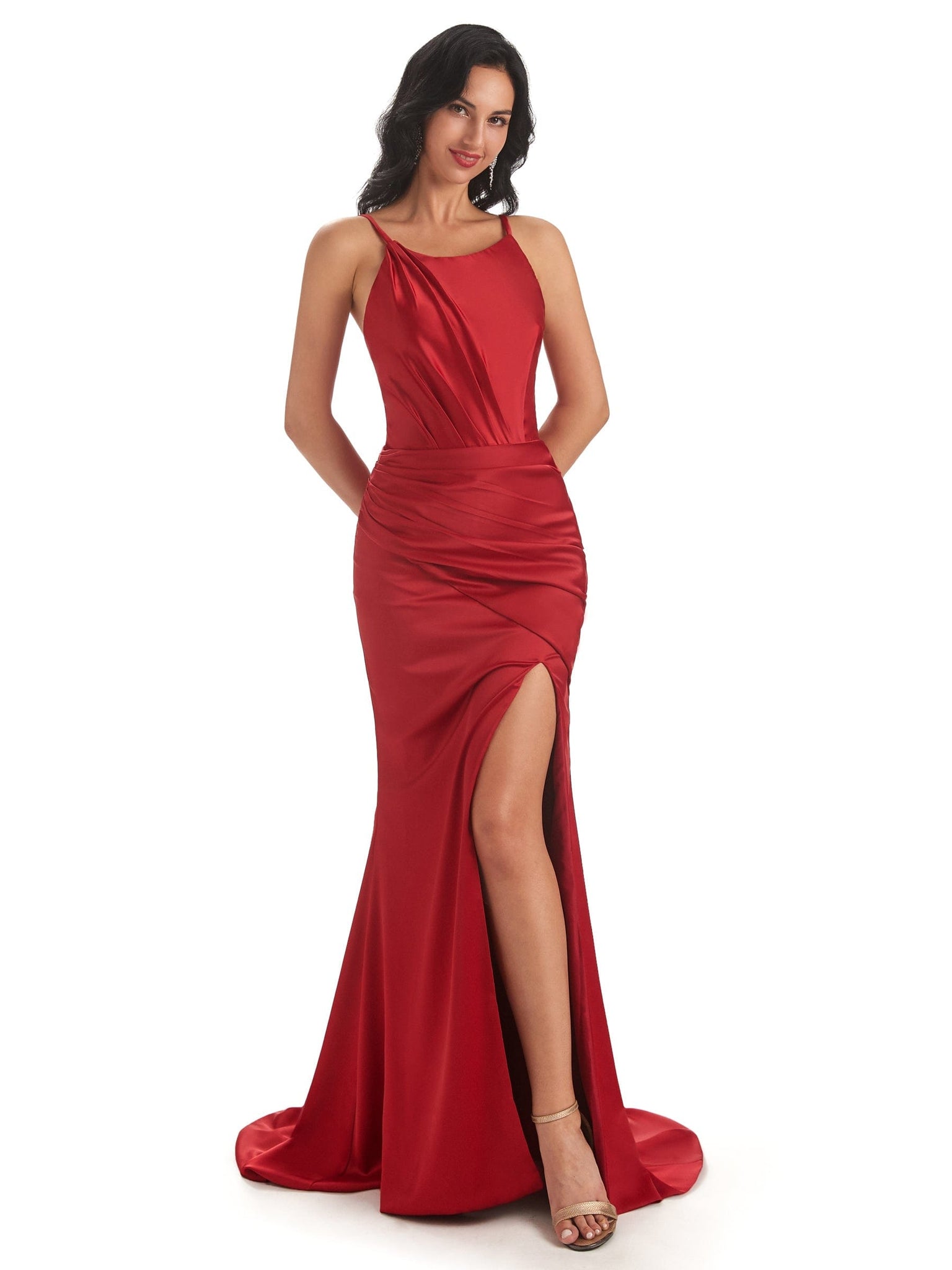 Sexy Soft Satin Spaghetti Straps Side Slit Mermaid Prom Dresses Gown