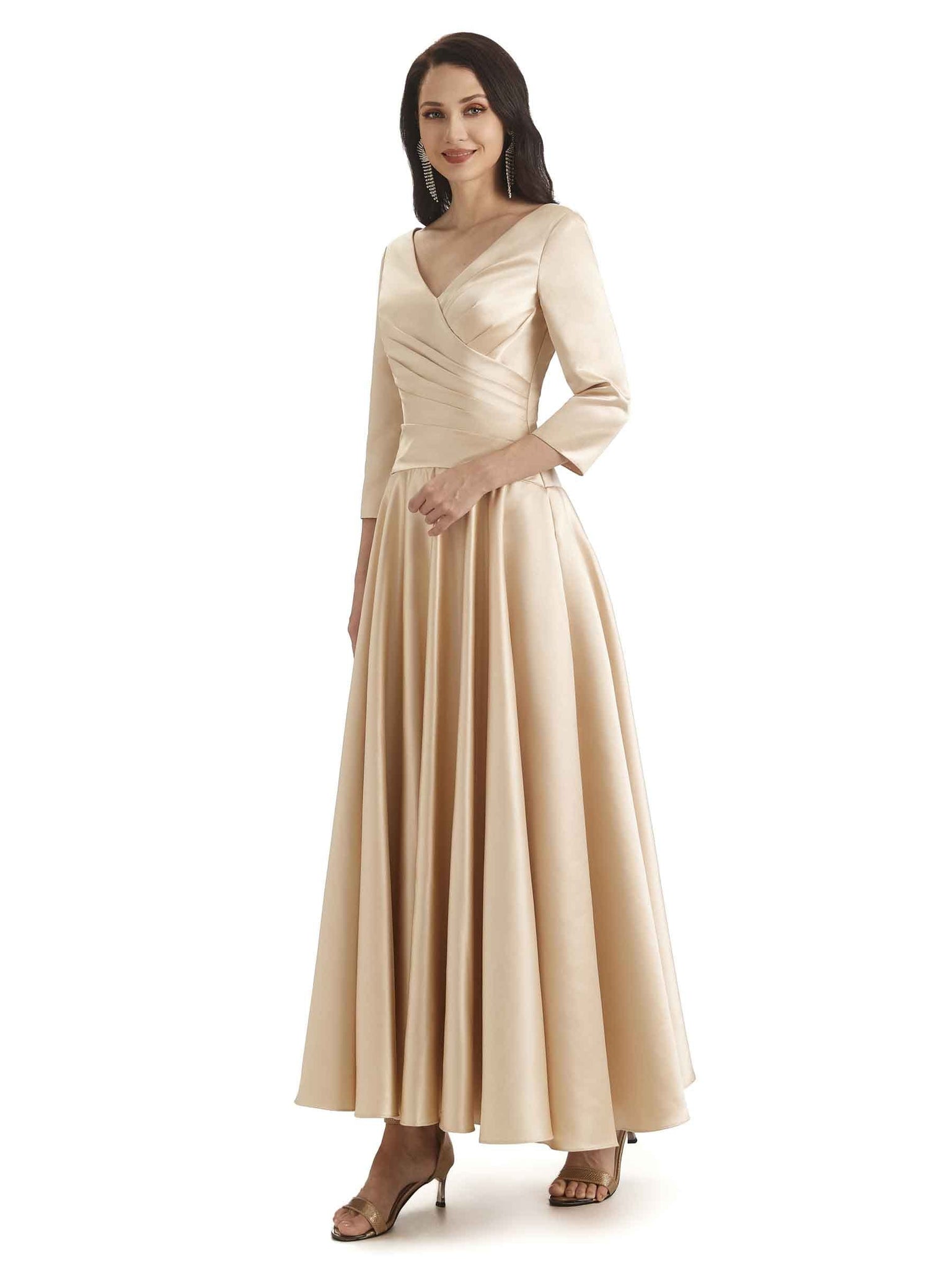 Elegant Soft Satin Long Sleeves V-Neck Maxi Mother of The Bride Dresses UK