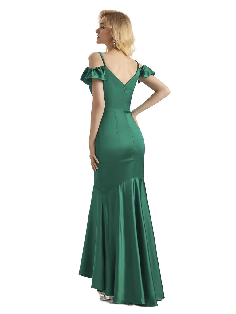 Sexy Soft Satin Cold Shoulder High Low Mermaid Mermaid Prom Dresses