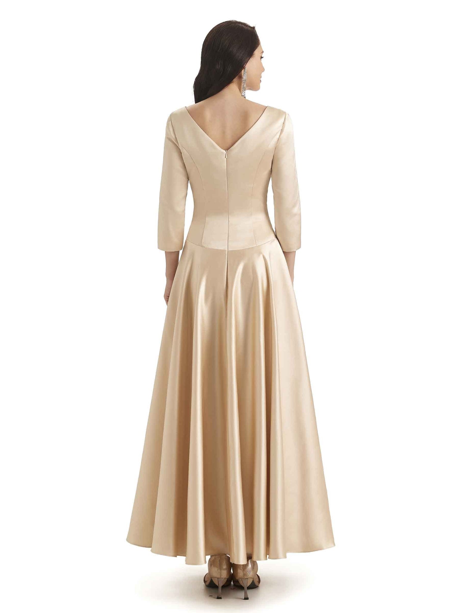 Elegant Soft Satin Long Sleeves V-Neck Maxi Mother of The Bride Dresses UK