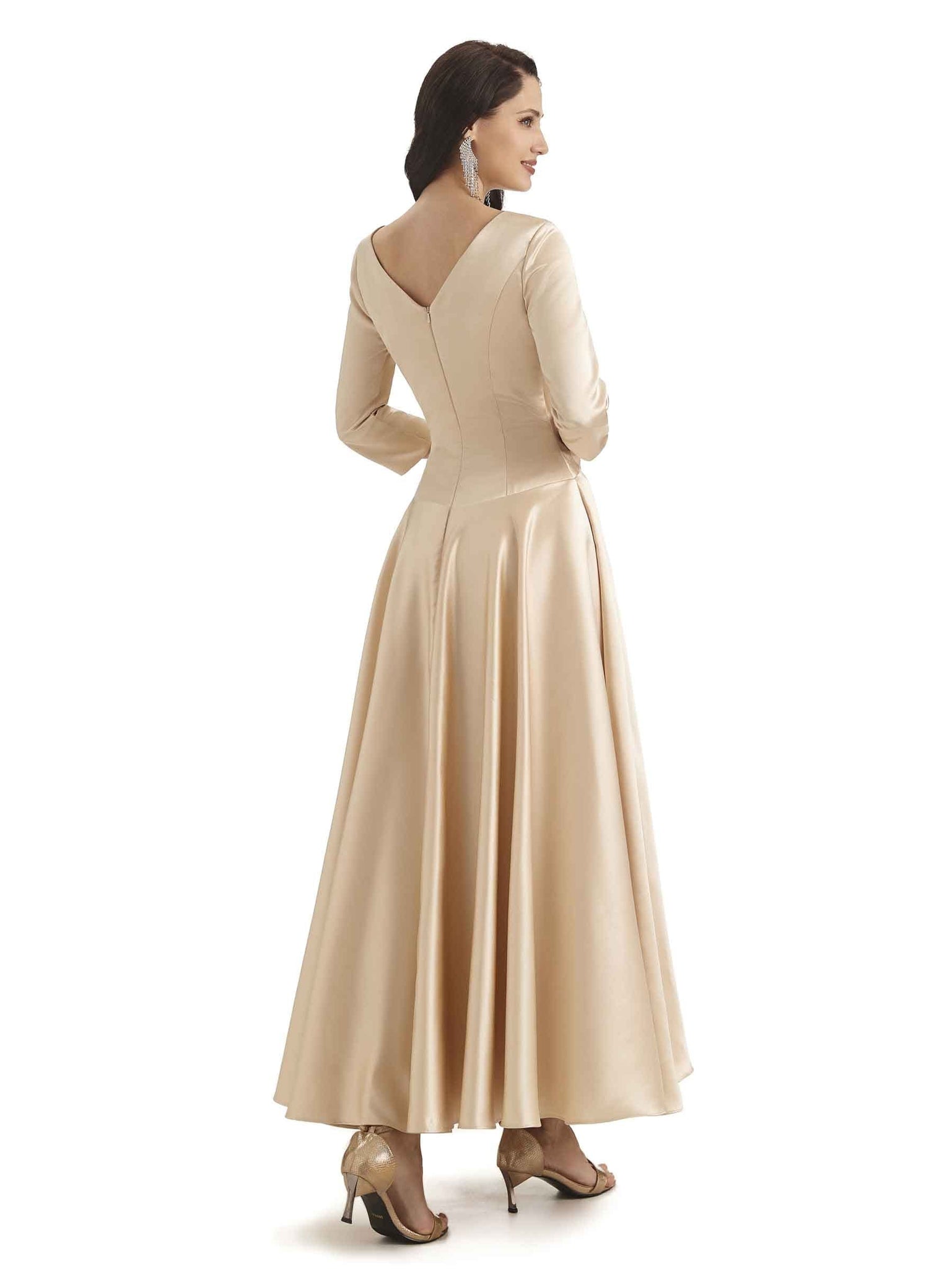 Elegant Soft Satin Long Sleeves V-Neck Maxi Mother of The Bride Dresses UK