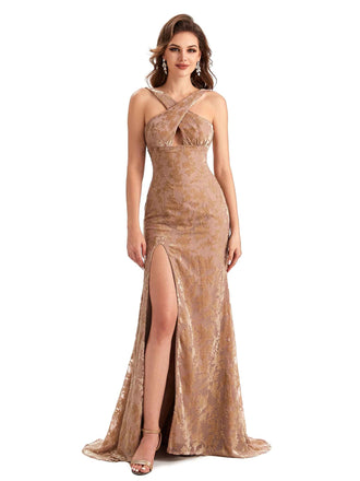Sexy Side Slit Mermaid Lace Velvet Long Bridesmaid Dresses Online