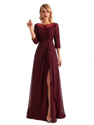 Elegant Side Slit Chiffon Long Sleeves Lace Long Mother of the Brides Dresses UK