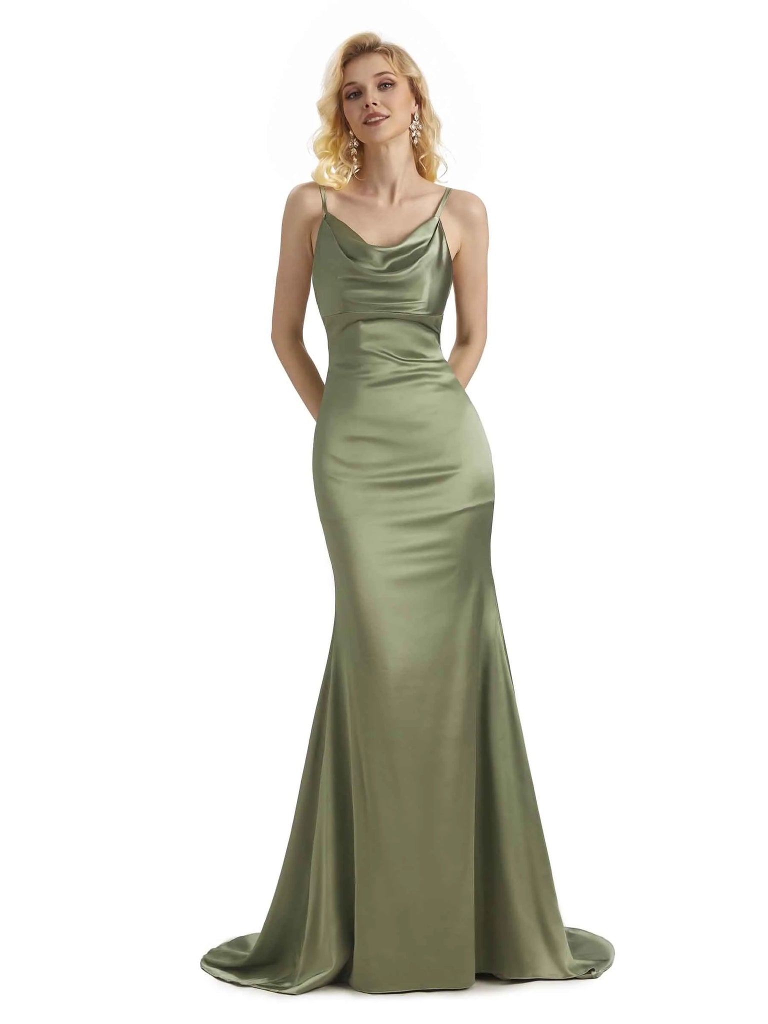 Elegant Soft Satin Cowl Neck Criss Cross Long Mermaid Prom Dresses Online