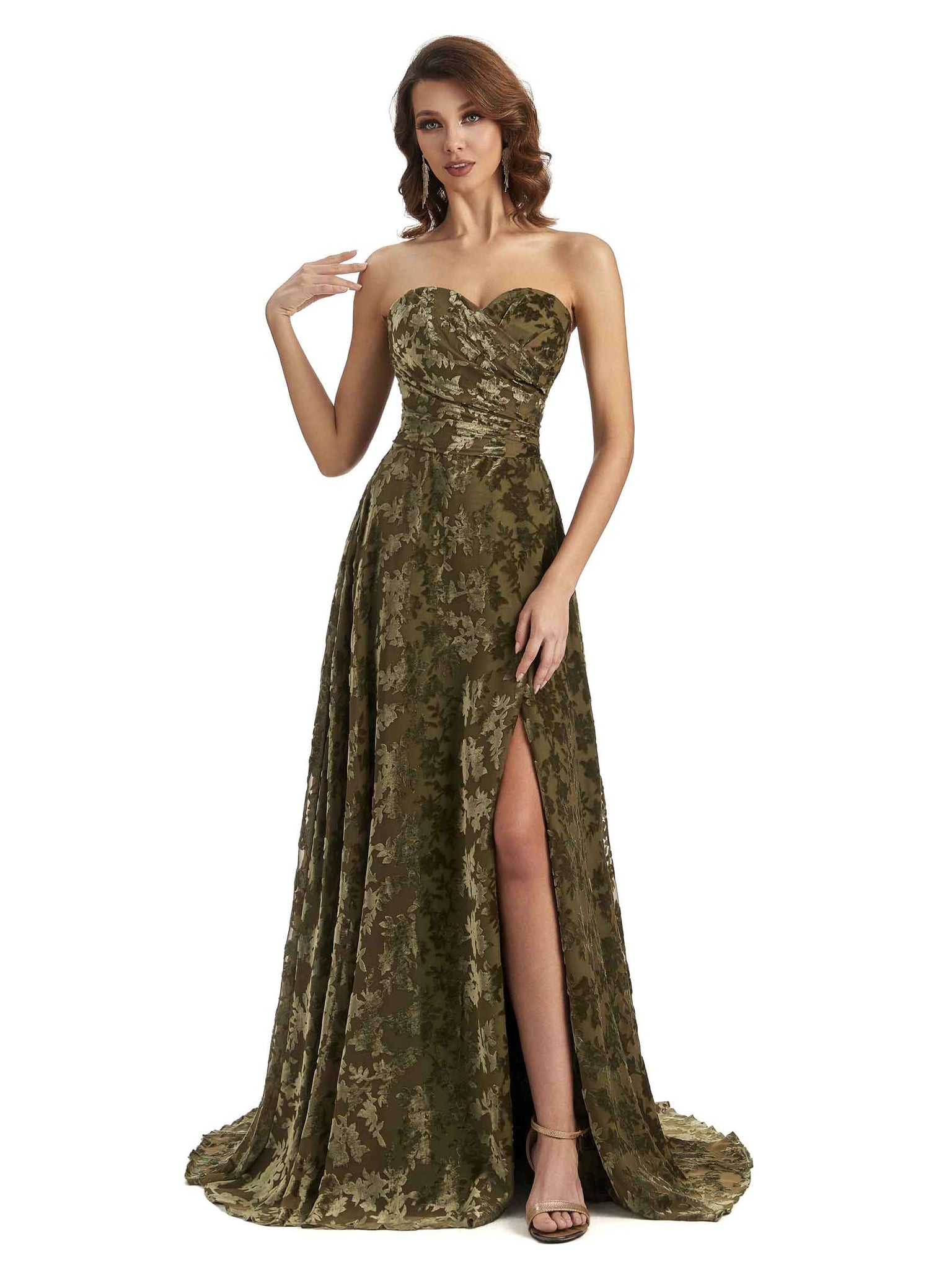 Sexy Side Slit Strapless Velvet Floral Sweetheart Long Bridesmaid Dresses UK Online
