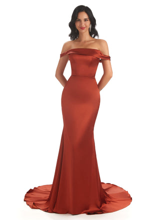 Elegant Soft Satin Off Shoulder Floor-Length Mermaid Prom Dresses