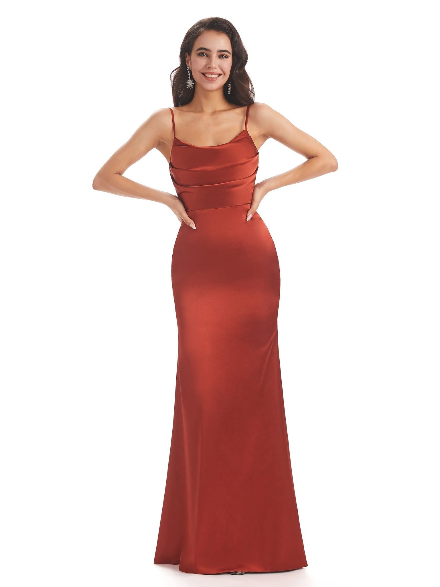 Sexy Side Slit Soft Satin Spaghetti Straps Cowl Neck Mermaid Bridesmaid Dresses UK