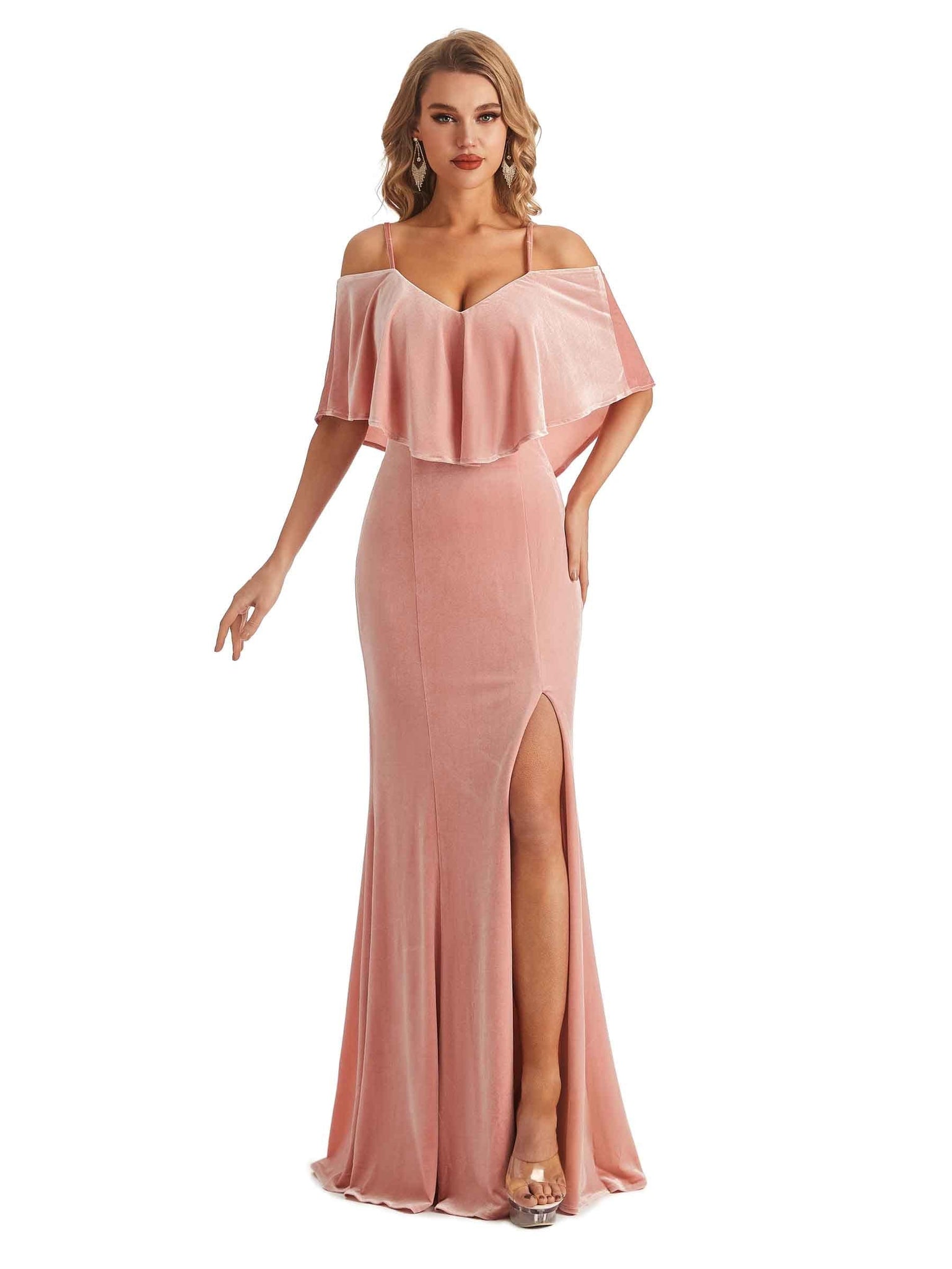 Unique Mermaid Cold Shoulder Velvet Long Bridesmaid Dresses UK Online