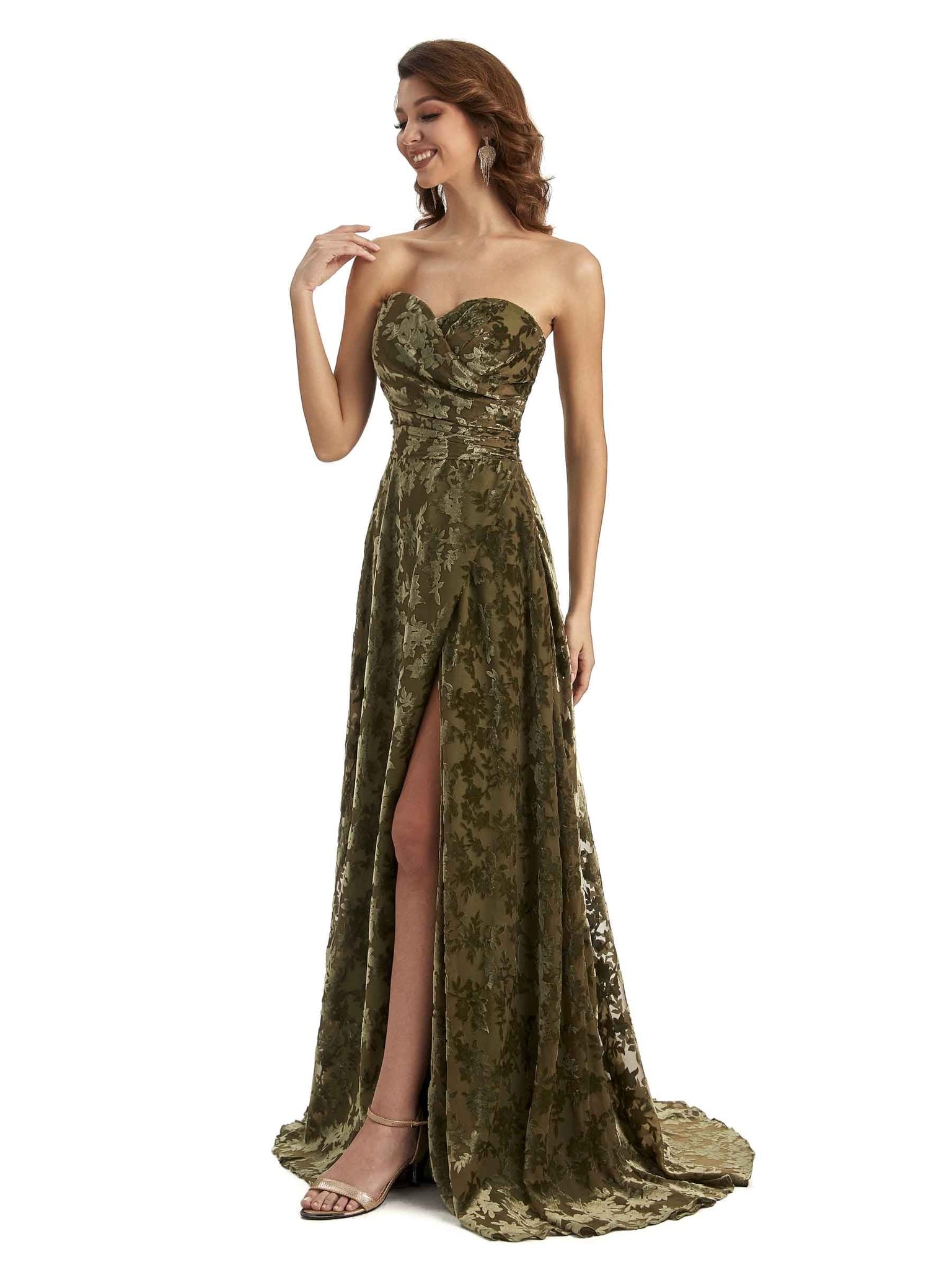 Sexy Side Slit Strapless Velvet Floral Sweetheart Long Bridesmaid Dresses UK Online
