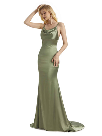 Elegant Soft Satin Cowl Neck Criss Cross Long Mermaid Bridesmaid Dresses UK