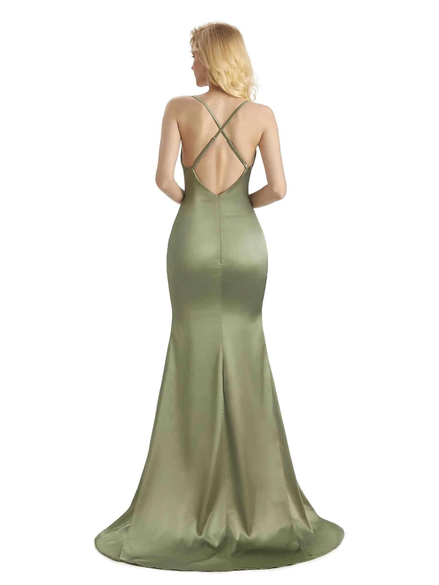 Elegant Soft Satin Cowl Neck Criss Cross Long Mermaid Prom Dresses Online
