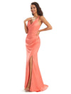 Modern Soft Satin Side Slit Spaghetti Straps V-neck Floor-Length Sheath Prom Dresses