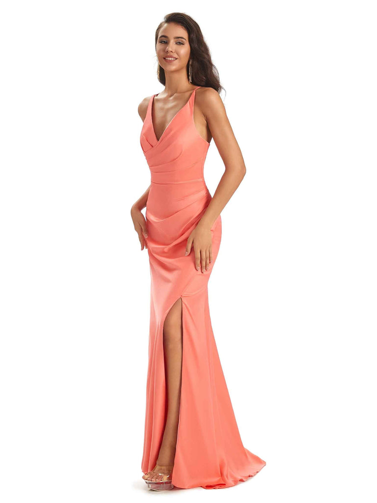 Modern Soft Satin Side Slit Spaghetti Straps V-neck Floor-Length Sheath Prom Dresses