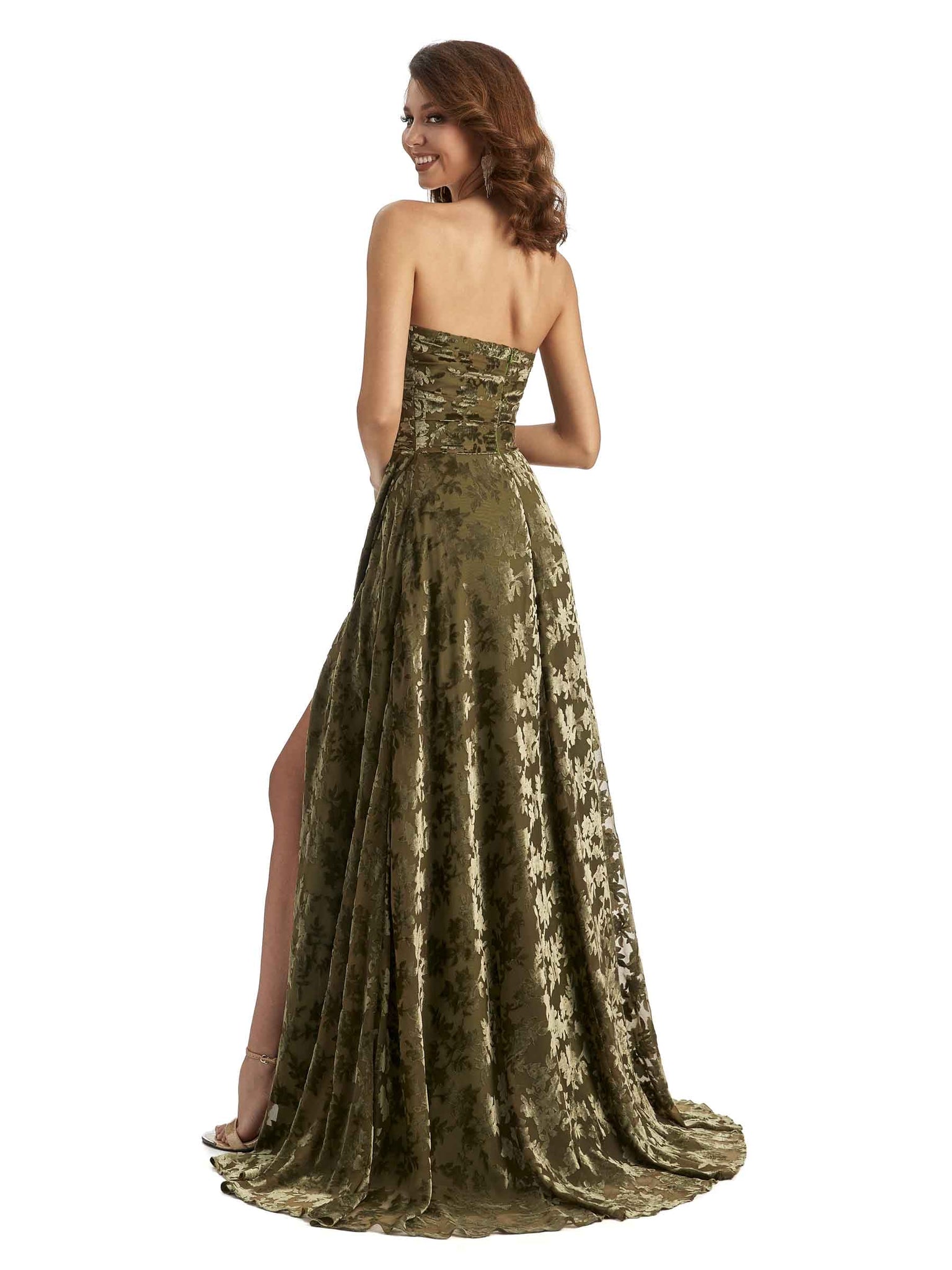 Sexy Side Slit Strapless Velvet Floral Sweetheart Long Bridesmaid Dresses UK Online