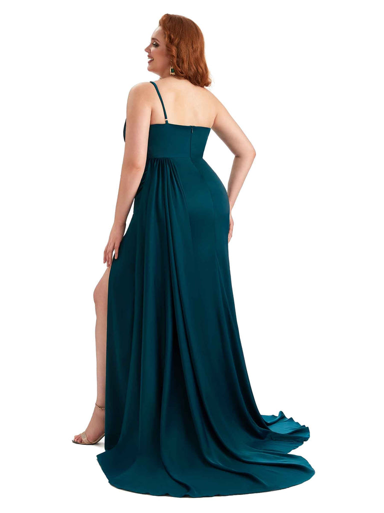 One Shoulder Sexy Side Slit Mermaid Soft Satin Long Plus Size Bridesmaid Dresses UK