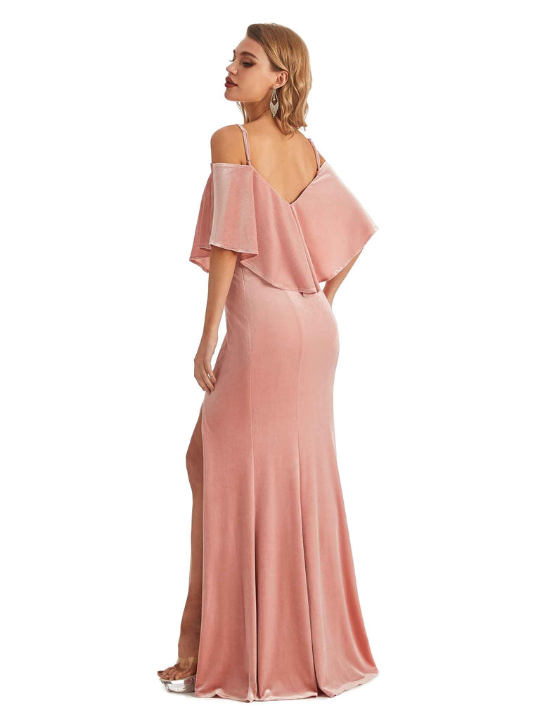 cold shoulder bridesmaid dress uk Navy Flutter Cold Shoulder Chiffon Slit Wrap Bridesmaid Dress